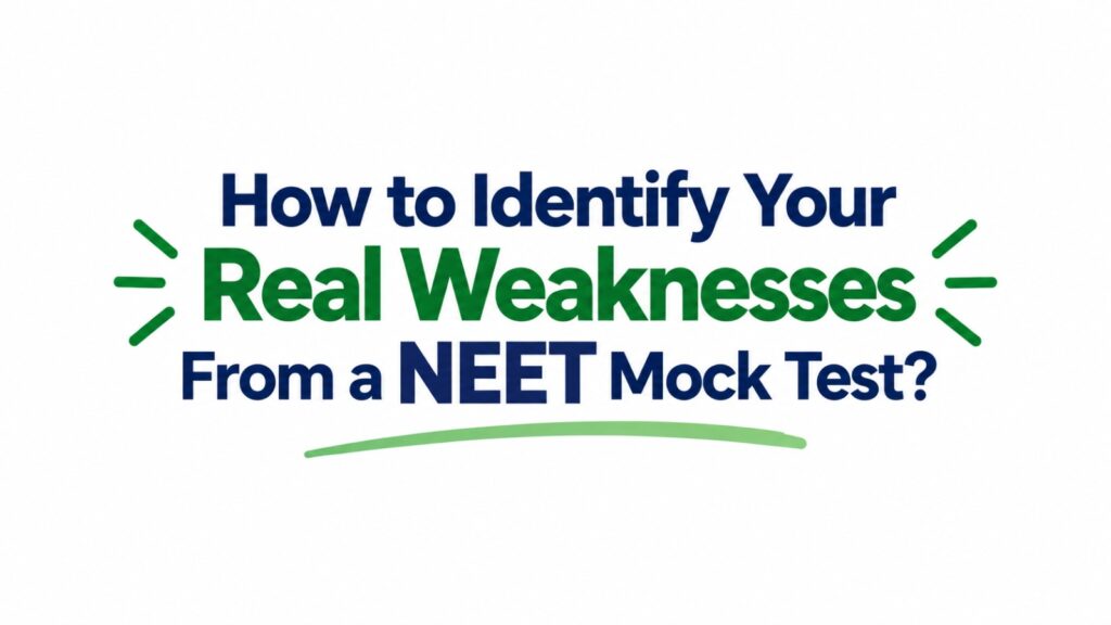 “How to identify your real weaknesses from a NEET mock test?” - educational graphic with bold navy and green typography on a white background.