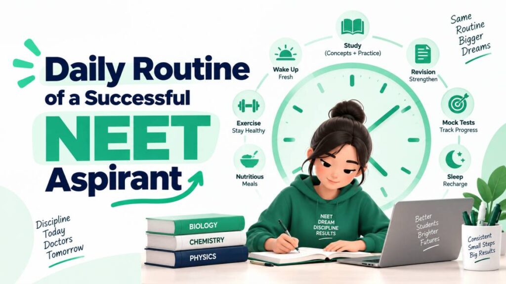 Modern NEET study banner showing a daily routine with a student studying, books, laptop, clock, and simple icons for study, revision, mock tests, exercise, meals, and sleep