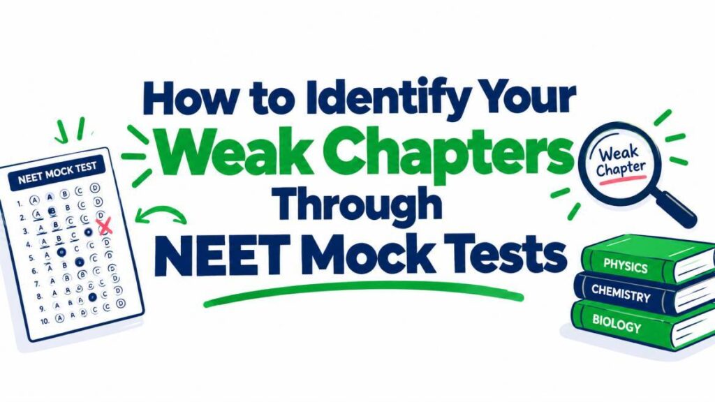 Educational NEET banner on a white background with bold navy-blue and green typography reading ‘How to Identify Your Weak Chapters Through NEET Mock Tests.’ A NEET mock test paper with marked answers appears on the left, a magnifying glass highlighting ‘Weak Chapter’ appears on the right, and Physics, Chemistry, and Biology books are shown below