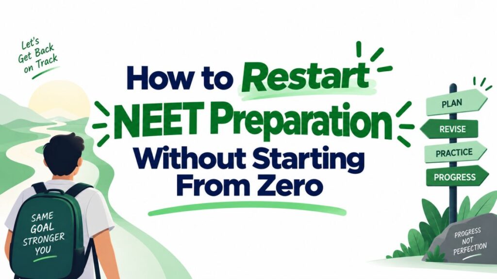 Clean NEET preparation banner with bold navy and green typography reading ‘How to Restart NEET Preparation Without Starting From Zero?’ with books, checkmarks, upward arrows, and simple study-planning accents