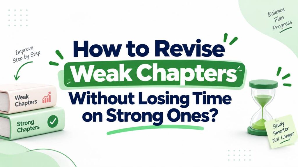 Modern NEET study banner with bold navy and green typography reading ‘How to Revise Weak Chapters Without Losing Time on Strong Ones?’ with simple books, an hourglass, arrows, and minimal study-planning accents