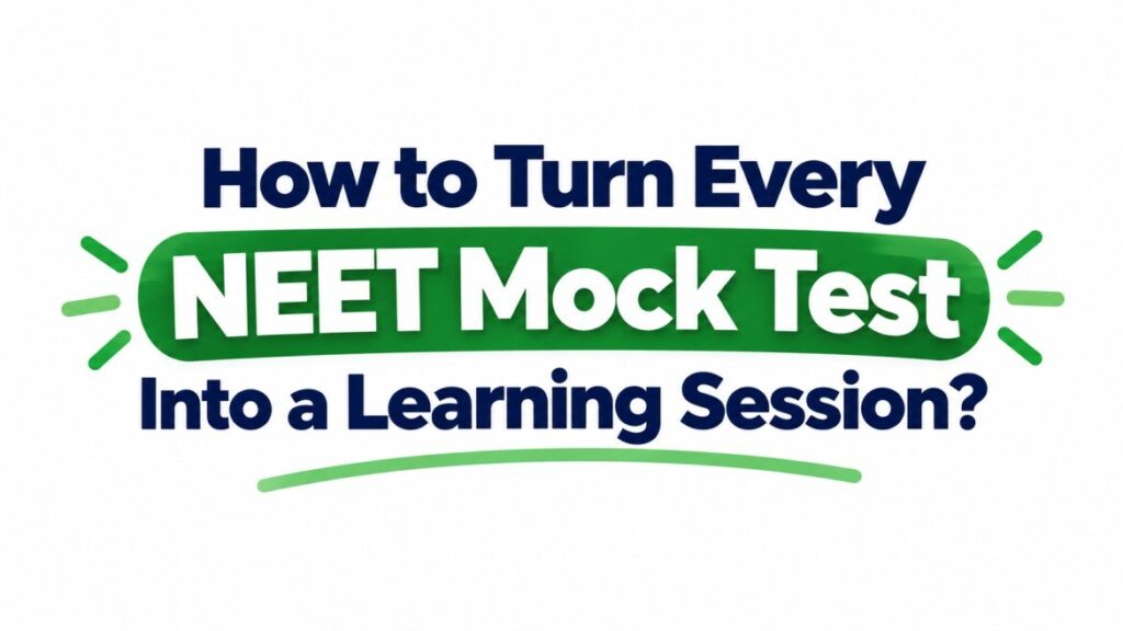 Minimalist white educational banner with bold navy and green typography reading, ‘How to Turn Every NEET Mock Test Into a Learning Session?’ The words ‘NEET Mock Test’ appear in large white letters inside a green rounded highlight, with green accent lines and a curved underline