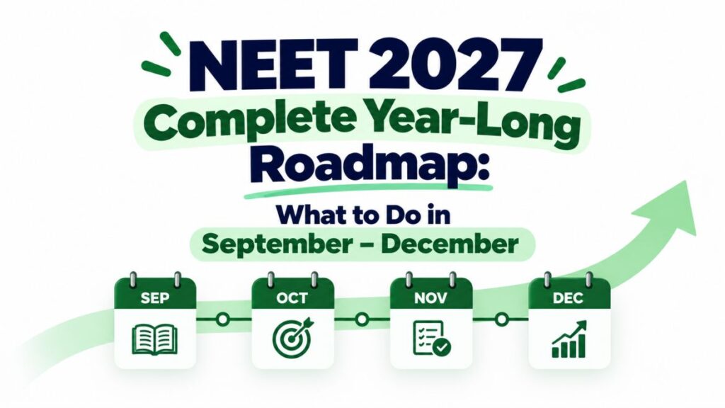 Modern NEET 2027 roadmap banner with bold navy and green typography, a September–December four-month timeline, study books, planner, laptop, and clean educational visuals