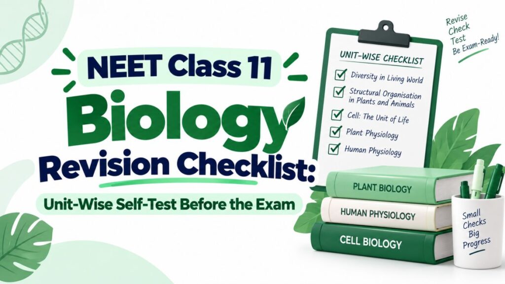 Clean NEET Class 11 Biology revision banner with bold navy and green typography, a unit-wise checklist, biology books, leaves, and DNA-inspired visual accents