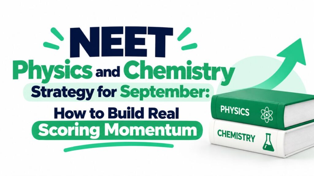 Clean NEET Physics and Chemistry banner with bold navy and green typography, September strategy theme, science books, checklists, a planner, and an upward progress arrow